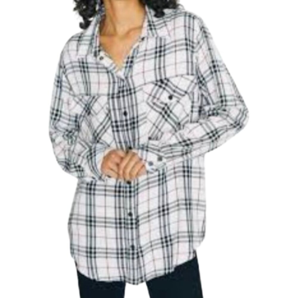 Sanctuary Black, White & Burgundy Plaid Button-Up Shirt Size Small - NWT
